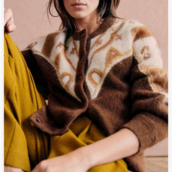 Sezane Sweaters - Sezane Margaux Cardigan Small Brown Camel Knit White Pink Wool Blend Sweater